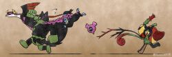  absurdres angry bird black_fur blank_eyes body_fur chasing clenched_hands club_(weapon) colored_sclera commentary_request fangs fezandipiti fleeing floating flying flying_sweatdrops from_side furry green_fur grin highres holding holding_club holding_weapon ivy_cudgel_(pokemon) leg_up looking_at_another munkidori ogerpon ogerpon_(hearthflame_mask) okidogi open_mouth pecharunt plant pokemon pokemon_(creature) pokemon_focus pokemon_move running sharp_teeth signature smile spiked_club sweatdrop tail teeth twitter_username two-tone_fur vines watagashikn weapon yellow_eyes yellow_sclera 