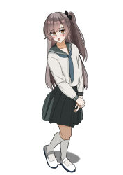  1girl absurdres alternate_costume black_bow black_sailor_collar black_skirt blue_neckerchief blush bow brown_eyes brown_hair collarbone commentary_request ecclasia916 flat_chest full_body girls'_frontline_2:_exilium girls_frontline hair_bow highres kneehighs korean_commentary leva_(girls'_frontline_2) long_hair long_sleeves looking_at_viewer neckerchief one_side_up open_mouth parted_bangs pleated_skirt sailor_collar scar scar_across_eye scar_on_face school_uniform serafuku shadow shirt shoes sidelocks simple_background skirt socks solo standing ump45_(girls'_frontline) very_long_hair white_background white_shirt white_shoes white_socks 