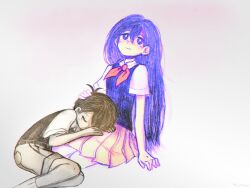  1boy 1girl antenna_hair arm_support bad_id bad_twitter_id black_hair black_sweater_vest bright_pupils brown_shorts closed_eyes closed_mouth collared_shirt commentary hair_behind_ear highres long_hair mari_(headspace)_(omori) mari_(omori) neckerchief omori pleated_skirt purple_hair purple_sweater_vest red_neckerchief red_skirt shirt short_hair short_sleeves shorts sitting skirt socks sunny_(omori) sweater_vest tearing_up twitter_username violet_eyes white_pupils white_shirt white_socks yuilu_(yuiluqqq) 