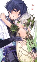  1boy 1girl armlet armor belt bishounen black_belt black_bodysuit black_bow black_bridal_gauntlets black_shorts blue_kimono blue_sleeves blunt_ends blush bodysuit bow bridal_gauntlets bright_pupils cape closed_mouth clothing_cutout commentary_request couple cross-shaped_pupils detached_sleeves dress eyelashes eyeliner genshin_impact gold_armlet gold_ring gold_trim green_cape green_eyes green_hair green_sleeves hair_intakes hair_ornament hand_on_another's_back heart height_difference hetero highres hip_vent hug interlocked_fingers japanese_armor japanese_clothes jewelry juban kimono kote kurokote layered_sleeves leaf leaf_hair_ornament long_hair looking_at_another makeup mandarin_collar middle_ring multicolored_hair nahida_(genshin_impact) onigiri_po_0205 open_clothes open_hand open_kimono own_hands_together pointy_ears purple_rope purple_sash red_eyeliner rope sash scaramouche_(genshin_impact) short_sleeves shorts side_ponytail single_bare_shoulder split_mouth streaked_hair sweat symbol-shaped_pupils tareme tassel tsurime wanderer_(genshin_impact) white_background white_dress white_hair white_kimono white_pupils white_sleeves wispy_bangs wolf_cut 