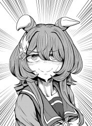  1girl angry animal_ears blush c: closed_mouth collarbone commentary_request dot_nose emphasis_lines greyscale highres horse_ears horse_girl long_hair looking_at_viewer monochrome sailor_collar school_uniform serafuku simple_background smile solo tagme tracen_school_uniform umamusume upper_body white_background win_variation_(umamusume) winkanamiso 