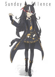  1girl absurdres animal_ears black_boots black_gloves black_hair black_jacket black_necktie black_pantyhose black_skirt boots character_name commentary_request commission ear_piercing fingerless_gloves full_body genderswap genderswap_(mtf) gloves hair_between_eyes highres horse_ears horse_girl jacket kopperion lace-up_boots long_bangs long_hair multicolored_hair necktie original pantyhose personification piercing pleated_skirt red_eyes simple_background skeb_commission skirt solo streaked_hair sunday_silence_(racehorse) two-tone_hair umamusume white_background white_hair 