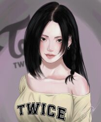  1girl absurdres aegyo_sal asymmetrical_sidelocks black_hair blush braid breasts brown_eyes clothes_writing collarbone commentary earrings east_asian english_commentary eyelashes film_grain forehead glint grey_background group_name highres hoop_earrings imlyra jewelry large_breasts lips long_hair looking_at_viewer nose parted_hair real_life realistic shirt side_braid sidelocks signature silver_earrings simple_background single_bare_shoulder single_off_shoulder solo twice_(group) tzuyu_(twice) upper_body yellow_shirt 