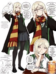  2girls absurdres animal_on_arm arm_up bandaged_arm bandages beer_mug bird bird_on_arm blonde_hair chibi chibi_inset cup diagonal-striped_clothes diagonal-striped_necktie full_body genderswap genderswap_(mtf) green_necktie grey_eyes harry_potter_(series) hedwig hermione_granger highres hogwarts_school_uniform jewelry kekel long_hair malfoid mug multiple_girls multiple_views necktie owl pantyhose pleated_skirt robe scarf school_uniform shirt shoes simple_background skirt striped_clothes striped_necktie striped_scarf white_shirt wizarding_world 