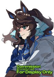  1girl absurdres ahoge animal_ears black_gloves blue_eyes blue_necktie blush breasts brown_hair closed_mouth daring_tact_(racing)_(umamusume) daring_tact_(umamusume) gloves hair_between_eyes hair_ornament highres horse_ears horse_girl jacket long_hair necktie nnnocturnala smile solo star_(symbol) star_hair_ornament umamusume white_jacket 