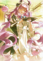  1girl :d absurdres alternate_costume arknights arknights:_endfield black_coat black_gloves black_horns blush bow coat commentary cowboy_shot creature dress drink english_commentary enmaided frilled_sleeves frills gangsi_qiu_nianyu_jing gloves halftone highres holding holding_tray horn_bow horn_ornament horns indoors light_particles long_hair looking_at_viewer maid open_clothes open_coat open_mouth pink_eyes pink_hair pink_horns smile soap_bubbles solo standing tray typhoeus_(arknights) typhon_(arknights) very_long_hair white_bow white_dress wide_sleeves 