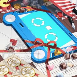  akai_ramu candy chocolate classicaloid commentary_request envelope food happy_valentine highres nib_pen_(object) no_humans object_focus pad-kun_(classicaloid) pen red_ribbon ribbon tablet_pc watermark wooden_floor wrapped_candy 
