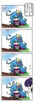  4koma ahoge blue_hair cat comic flower flower_on_head grey_eyes hair_flower hair_ornament highres long_hair multiple_girls pixiv_fantasia pixiv_fantasia_5 purple_eyes purple_hair scarf school_uniform serafuku translated translation_request very_long_hair violet_eyes watering_can yanagi_(artist) yanagi_(nurikoboshi) 