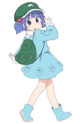  arawi_keiichi_(style) backpack bag blue_eyes blue_hair blush_stickers boots crossover hair_bobbles hair_ornament hat hyadain_no_kakakata_kataomoi_-_c kawashiro_nitori looking_back nichijou parody pentagon randoseru rubber_boots short_hair simple_background solo standing style_parody touhou twintails walking white_background 