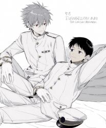  2boys alternate_costume black_hair buttons closed_mouth commentary_request gloves grey_hair hair_between_eyes hat highres ikari_shinji jacket light_blush looking_at_another lying male_focus multiple_boys nagisa_kaworu neon_genesis_evangelion on_back oshio_(baniniwana) pants rebuild_of_evangelion red_eyes short_hair simple_background sitting unworn_hat unworn_headwear white_background white_gloves white_jacket white_pants 
