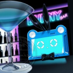  akai_ramu animal_ears black_bow black_bowtie blurry blurry_background bow bowtie classicaloid cocktail_glass commentary_request cup drinking_glass fake_animal_ears highres no_humans object_focus pad-kun_(classicaloid) rabbit_ears solo tablet_pc triangle_mouth watermark 