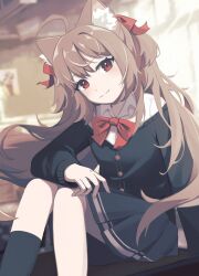  1girl animal_ears black_cardigan black_skirt black_socks bow bowtie brown_hair cardigan cat_ears cat_girl classroom closed_mouth collared_shirt commentary day depressed dress_shirt evil_neuro-sama evil_neuro-sama_(1st_costume) from_side hair_between_eyes hair_ribbon highres indoors long_hair long_sleeves looking_at_viewer miniskirt on_table ramenbucket red_bow red_bowtie red_eyes red_ribbon ribbon shirt sitting skirt smile socks solo table two_side_up untranslatable_commentary vedal_ai virtual_youtuber white_shirt 