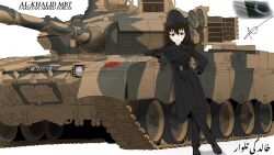  1girl al-khalid_(tank) army camouflage coat confident gloves grin hat highres leaning_on_object mbt2000 military military_vehicle motor_vehicle non-web_source original pakistan pakistani_flag pasha_(suttabaaz) smile tank tank_turret trench_coat 