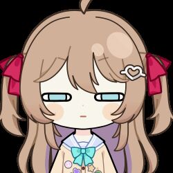  1girl ahoge angry animated animated_gif aqua_bow aqua_bowtie blue_eyes blue_sailor_collar blush_stickers bow bowtie brown_hair cardigan chunye_haruya closed_mouth commentary commission dot_nose english_commentary hair_between_eyes hair_ornament hair_ribbon heart heart_hair_ornament long_hair looking_at_viewer lowres neuro-sama neuro-sama_(1st_costume) red_ribbon ribbon sailor_collar second-party_source shaded_face shirt solo sticker_(medium) transparent_background two_side_up upper_body vedal_ai virtual_youtuber white_shirt yellow_cardigan 