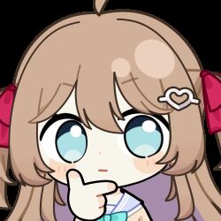  1girl ahoge animated animated_gif aqua_bow aqua_bowtie blue_eyes blue_sailor_collar blush_stickers bow bowtie brown_hair cardigan chibi chibi_only chunye_haruya closed_mouth commentary commission dot_nose english_commentary furrowed_brow hair_between_eyes hair_ornament hair_ribbon hand_on_own_chin heart heart_hair_ornament long_hair lowres neuro-sama neuro-sama_(1st_costume) red_ribbon ribbon sailor_collar second-party_source shirt solo sticker_(medium) stroking_own_chin thinking transparent_background two_side_up upper_body v-shaped_eyebrows vedal_ai virtual_youtuber white_shirt yellow_cardigan 