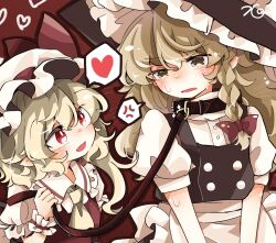  2girls anger_vein animal_collar apron ascot back_bow black_hat black_skirt black_vest blonde_hair blush bow braid collar collared_shirt commentary_request eye_contact flandre_scarlet frilled_shirt_collar frills hair_bow hat hat_bow hat_ribbon heart height_difference highres holding holding_leash kirisame_marisa leash long_hair looking_at_another mob_cap multiple_girls one_side_up open_mouth red_bow red_eyes red_vest ribbon shirt side_braid single_braid skirt smile spoken_anger_vein spoken_heart sweat touhou tsumurikoto vest waist_apron white_apron white_bow white_hat white_shirt wings witch_hat yellow_ascot yellow_eyes yuri 