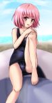  blush feet highres meitoku momo_velia_deviluke open_mouth orange_(meitoku) pink_hair purple_eyes short_hair sitting solo swimsuit to_love-ru to_love-ru_darkness toloveru toloveru_darkness violet_eyes 