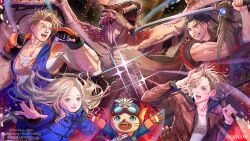  2boys 2girls arms_up black_gloves blonde_hair blue_jacket brown_jacket capcom commentary_request cowboy_shot diana_(pragmata) dragon felyne fingerless_gloves flashlight floating_hair gloves goggles goggles_on_head grace_ashcroft green_eyes grin hinanana_yuga holding holding_flashlight holding_sword holding_weapon jacket katana light_smile luke_sullivan miyamoto_musashi_(onimusha) monster monster_hunter_(series) multiple_boys multiple_girls muscular muscular_male official_art oni_gauntlet onimusha onimusha:_way_of_the_sword open_mouth pragmata rathalos resident_evil resident_evil_requiem scar scar_across_eye scar_on_arm scar_on_face scar_on_shoulder sharp_teeth smile sparkle spread_wings standing street_fighter street_fighter_6 sword teeth weapon wings 