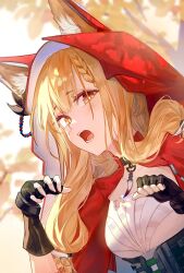  1girl animal_ear_fluff animal_ears arknights arknights:_endfield black_gloves blonde_hair blurry blurry_background braid braided_bangs cape claw_pose commentary dress ears_through_headwear fingerless_gloves gloves highres hood hood_up hooded_cape looking_at_viewer medium_hair open_mouth red_hood rossi_(arknights) sdrangers solo upper_body white_dress wolf_ears wolf_girl yellow_eyes 