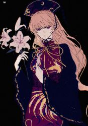  1girl :| black_background black_dress black_hat black_sash blonde_hair closed_mouth commentary_request cowboy_shot crescent_print dalachi_(headdress) dot_nose dress dubiansuhai flower hands_up hat highres holding holding_flower junko_(touhou) lily_(flower) long_hair long_sleeves looking_to_the_side neck_ribbon phoenix_print pom_pom_(clothes) red_eyes red_tabard ribbon sash simple_background solo split_mouth tabard touhou very_long_hair white_flower wide_sleeves yellow_ribbon 