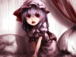  all_fours blue_hair canopy_bed cushion dress fang hat open_mouth pink_dress red_eyes remilia_scarlet sigure_(drizzle) solo touhou 