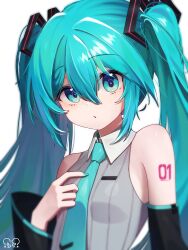  1girl absurdres aqua_eyes aqua_hair aqua_nails aqua_necktie aqua_trim bare_shoulders black_sleeves breasts commentary grey_shirt hair_between_eyes hair_ornament hatsune_miku hatsune_miku_(vocaloid6) heart heart_hair_ornament heart_in_eye highres hwa_rat long_hair looking_at_viewer necktie number_tattoo open_mouth shirt shoulder_tattoo simple_background sleeveless sleeveless_shirt small_breasts symbol_in_eye tattoo twintails untranslatable_commentary upper_body vocaloid white_background 