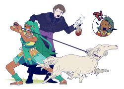  1girl 2boys animalization aqua_hair bag bead_necklace beads blood blush borzoi bracelet brown_hair capelet cassock chibi chibi_inset clenched_teeth clerical_collar dark-skinned_female dark-skinned_male dark_skin dietrich_gregor_lamine dog dress esmeralda_sinza fabio_gil_toro_alvarez fire_emblem fire_emblem:_fortune's_weave green_eyes green_hair high_ponytail highres holding holding_bag jewelry lazy_eye leash long_hair multiple_boys necklace parted_hair ponytail priest purple_sash redwhiteflowers sash shorts_under_dress surprised talimun_vandahl teeth very_long_hair violet_eyes 