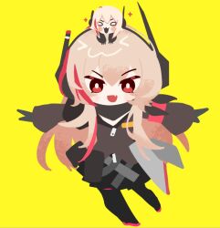  0w0 2girls :d ammunition_pouch armband bandana bandana_around_neck black_bandana black_gloves black_jacket black_skirt black_thighhighs blonde_hair blush bright_pupils chibi chibi_only commentary double-parted_bangs english_commentary expressive_hair fang full_body girls_frontline gloves hair_between_eyes headgear heituitui jacket long_hair long_sidelocks long_sleeves looking_at_viewer m4_sopmod_ii_(girls'_frontline) m4_sopmod_ii_jr mini_person minigirl multicolored_hair multiple_girls pleated_skirt pouch red_armband red_eyes red_hair sidelocks skin_fang skirt smile sparkle streaked_hair thigh-highs very_long_hair white_pupils yellow_background 