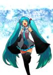  aqua_hair bad_id closed_eyes cloud clouds detached_sleeves eyes_closed hatsune_miku himukai_yuusuke long_hair necktie open_mouth skirt sky sleeves_past_wrists solo thigh-highs thighhighs twintails very_long_hair vocaloid 