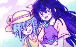  +_+ 1boy 1girl alternate_costume alternate_universe aubrey_(headspace)_(omori) aubrey_(omori) bad_id bad_twitter_id basil_(headspace)_(omori) basil_(omori) blush closed_eyes collarbone collared_shirt colored_skin commentary double-parted_bangs english_commentary flower green_hair hair_between_eyes hat holding holding_stuffed_toy long_hair looking_at_viewer mr._plantegg_(omori) omori open_mouth purple_hair shirt shirt_under_sweater short_hair short_sleeves sidelocks smile stuffed_eggplant stuffed_toy sun_hat sunflower sweater teeth upper_teeth_only violet_eyes white_shirt white_skin yellow_shirt yellow_sweater yuilu_(yuiluqqq) 