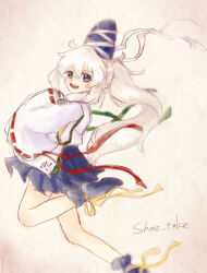  1girl blue_boots blue_eyes blue_hat blue_skirt boots commentary_request from_side full_body hands_in_opposite_sleeves hat high_ponytail highres japanese_clothes kariginu long_hair long_sleeves looking_at_viewer looking_to_the_side mononobe_no_futo open_mouth ponytail ribbon-trimmed_sleeves ribbon_trim robe running shee_take skirt smile solo tate_eboshi touhou white_hair white_robe 
