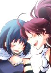  blue_hair blush cape long_hair magical_girl mahou_shoujo_madoka_magica miki_sayaka multiple_girls ponytail red_hair redhead rinko_(usoppachi) sakura_kyouko short_hair translation_request 