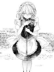  1girl absurdres apron back_bow bow braid closed_mouth commentary_request cover cover_page doujin_cover dress expressionless feet_out_of_frame frilled_apron frills greyscale hair_between_eyes hair_bow highres holding holding_leash holding_own_leash izayoi_sakuya leash looking_at_viewer maid maid_headdress monochrome puffy_short_sleeves puffy_sleeves shee_take short_hair short_sleeves solo standing touhou twin_braids waist_apron 