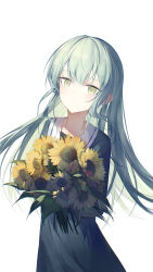  1girl absurdres bang_dream! bang_dream!_it's_mygo!!!!! black_dress chinese_commentary closed_mouth commentary_request cowboy_shot dress flower green_hair halo highres holding holding_flower long_hair looking_at_viewer simple_background solo standing sunflower wakaba_mutsumi white_background yellow_eyes z-bow 