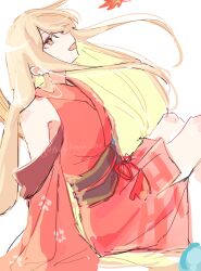  1girl absurdres animal_ears autumn_leaves blonde_hair brown_eyes cho_kaguya-hime! clothing_cutout commentary_request egasumi fang highres kaguya_(cho_kaguya-hime!) kaguya_(tsukuyomi)_(cho_kaguya-hime!) leaf long_hair rabbit_ears rabbit_girl red_eyes shoulder_cutout simple_background skin_fang solo wagariro white_background 