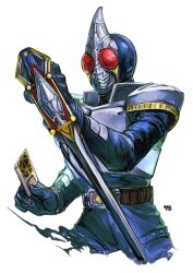  1boy 75_(7nanaju22809) absurdres animification armored_bodysuit artist_name blay_buckle blay_rouzer card commentary compound_eyes hand_up highres holding holding_card holding_weapon kamen_rider kamen_rider_blade kamen_rider_blade_(series) male_focus rider_belt simple_background solo spade_(shape) tokusatsu weapon white_background 