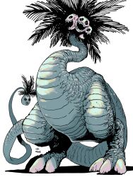  absurdres alolan_exeggutor black_sclera claws colored_sclera commentary fangs full_body highres leaf long_neck looking_at_viewer multiple_heads no_humans open_mouth palm_leaf plant_monster pokemon pokemon_(creature) pokemon_focus revision scales sharp_teeth simple_background smile tail teeth white_background white_eyes yashiro_manabu 