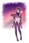  akemi_homura ame00 argyle argyle_legwear bad_id black_hair black_legwear bouquet cake capelet flower food hairband kyubey long_hair magical_girl mahou_shoujo_madoka_magica pantyhose pleated_skirt purple_eyes skirt smile solo violet_eyes 