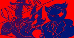  1other 2boys alternate_universe animal_costume animal_ears bolo_tie boxing_gloves buttons cat_costume cat_ears cat_mike_(deltarune) collar collared_shirt commentary cowboy_hat cowboy_hat_mike defernull deltarune english_commentary facing_ahead fafameow fangs from_side green_pippins grid_teeth grin hand_up hands_up hat high_contrast jacket lapels mascot_costume mike_crew_(deltarune) monochrome multiple_boys necktie notched_lapels parody pippins_(deltarune) red_background shadowguy_(deltarune) shirt side-by-side small_mike_(deltarune) smile solid_eyes spiked_collar spiked_hat spiked_knuckles spikes style_parody text_background upper_body utdr_(toby_fox) wing_collar zapper_(deltarune) 