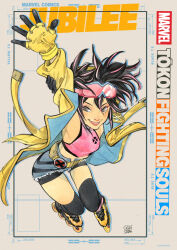  1girl absurdres arm_up belt bike_shorts bike_shorts_under_shorts black_hair black_thighhighs character_name coat commentary copyright_name crop_top denim denim_shorts english_commentary eyewear_on_head hand_on_own_arm highres inline_skates jubilee_(marvel) looking_at_viewer marvel marvel_tokon:_fighting_souls multicolored_hair official_art opaque_sunglasses open_fly peach_momoko pink-tinted_eyewear pink_streaks roller_skates shorts skates sleeveless solo streaked_hair thigh-highs tinted_eyewear x-men yellow_coat 