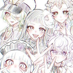  5girls black_hair classical_lillian closed_mouth commentary goat_mask hat heart heart_print highres kana_(mahoiku) kumi-kumi long_hair magical_girl mahou_shoujo_ikusei_keikaku mahou_shoujo_ikusei_keikaku_black mask mephis_pheles military_hat multiple_girls one_eye_closed open_mouth shiromiso23 short_hair smile thunder-general_adelheid tongue tongue_out v violet_eyes white_hair 