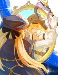  3girls artoria_caster_(fate) artoria_caster_(first_ascension)_(fate) artoria_caster_(second_ascension)_(fate) artoria_pendragon_(fate) bare_shoulders belt_bag beret blonde_hair blue_cape blue_capelet blue_cloak blue_hat bow breasts cape capelet cloak closed_eyes commentary_request different_reflection dress fate/grand_order fate_(series) fujimaru_ritsuka_(female) grey_hat hat highres holding holding_staff long_hair long_sleeves looking_at_mirror looking_at_self lyumiaurora mirror multicolored_cape multicolored_capelet multicolored_cloak multiple_girls open_mouth orange_hair reflection reflection_focus short_hair sleeveless small_breasts smile staff staff_of_selection_(fate) twintails vest white_background white_vest 