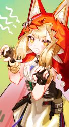  1girl :d absurdres animal_ear_fluff animal_ears arknights arknights:_endfield artist_name black_gloves blonde_hair blush bright_pupils cape chinese_commentary claw_pose commentary diamond-shaped_pupils diamond_(shape) dress fingerless_gloves gloves green_background grin highres hood hood_up hooded_cape long_hair looking_at_viewer pouch red_cape rossi_(arknights) smile solo soulve symbol-shaped_pupils variant_set white_dress white_pupils yellow_background yellow_eyes 