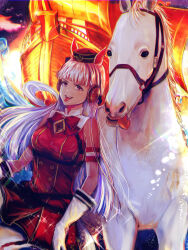  1girl absurdres animal_ears armband blunt_bangs boat bow breasts bridle brown_hat commentary_request creature_and_personification dress ear_bow ear_ribbon gloves gold_ship_(racehorse) gold_ship_(red_strife)_(umamusume) gold_ship_(umamusume) grey_hair hat highres horse horse_ears horse_girl horse_tail j8ry large_breasts long_hair looking_at_viewer name_connection object_namesake open_mouth pantyhose personification pillbox_hat real_life red_bow red_dress sleeveless sleeveless_dress smile striped_armband striped_clothes tail teeth tongue tongue_out umamusume violet_eyes watercraft white_gloves white_pantyhose 