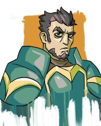  1boy absurdres armor closed_mouth commentary cropped_torso english_commentary facial_hair fire_emblem fire_emblem:_the_sacred_stones gilliam_(fire_emblem) highres male_focus raised_eyebrow ratmanart short_hair simple_background solo 