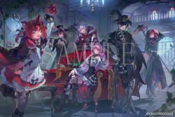  1girl 5boys :d ahoge akami_karubi animal_ears animal_hands apron arm_up bag bird black_bird black_boots black_corset black_gloves black_hat black_jacket black_shirt black_skirt black_thighhighs blue_eyes blue_streaks boots brown_hair cape claw_pose commentary copyright_name copyright_notice corset couch cpt_(crazy_raccoon) crazy_raccoon crossed_legs demon_horns dress eyepatch fake_horns fangs finger_to_mouth fingerless_gloves fold-over_boots food-themed_bag gem gloves green_eyes grey_hair hairband halloween halloween_costume hat heterochromia high_heel_boots high_heels holding holding_scythe hood hood_down hood_up hooded_cape hooded_coat horn_hairband horns indoors jacket juliet_sleeves knee_boots long_hair long_sleeves looking_at_viewer lunar_(lunar_815) mirror mondo_(crazy_raccoon) multicolored_hair multiple_boys night o-ring o-ring_thigh_strap official_alternate_costume official_art one_eye_covered open_mouth overgrown paw_gloves pink_hair puffy_sleeves ras_(crazy_raccoon) red_cape red_dress red_eyes red_gem red_hair sample_watermark scythe selly55 shirt short_hair shoulder_bag shushing sitting skirt sleeveless sleeveless_shirt smile stairs standing standing_on_one_leg streaked_hair thigh-highs thigh_strap top_hat toppy_(crazy_raccoon) torn_clothes torn_thighhighs underbust virtual_youtuber watermark white_apron white_gloves white_shirt window 