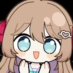  1girl ahoge animated animated_gif aqua_bow aqua_bowtie blue_eyes blue_sailor_collar blush_stickers bow bowtie brown_hair cardigan chibi chibi_only chunye_haruya clapping commentary commission dot_nose english_commentary hair_between_eyes hair_ornament hair_ribbon heart heart_hair_ornament long_hair lowres neuro-sama neuro-sama_(1st_costume) open_mouth red_ribbon ribbon sailor_collar second-party_source shirt solo sticker_(medium) transparent_background two_side_up upper_body vedal_ai virtual_youtuber white_shirt yellow_cardigan 