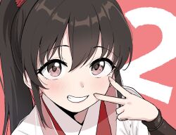  1girl brown_hair chinese_clothes close-up commentary flower_in_eye grin hanfu legend_of_mortal lips looking_at_viewer mortal_jp pink_background pink_nails ponytail simple_background smile solo symbol_in_eye teeth v vambraces white_hanfu yu_xiaomei 