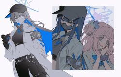  2girls blood blood_on_face blue_archive blue_eyes blue_hair blue_halo cross_halo crying crying_with_eyes_open expressionless hair_tie halo halterneck hands_on_own_face hat highres holding holding_mask inagoinaire jacket long_hair looking_at_viewer mask mika_(blue_archive) multicolored_hair multiple_girls navel open_clothes open_jacket pants pink_hair pink_halo saori_(blue_archive) tears white_background white_jacket yellow_eyes 