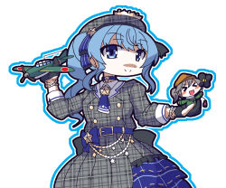 >_< 2girls aircraft beret black_gloves blue_background blue_cape blue_eyes blue_hair blush bracelet brown_hat cape chibi commentary_request cowboy_shot fairy_(kancolle) frills gloves grey_hair half_gloves hat holding hololive hoshimachi_suisei jewelry kantai_collection mahoroba_shirou multiple_girls partially_fingerless_gloves pleated_skirt side_ponytail sidelocks skirt star_(symbol) star_in_eye symbol_in_eye virtual_youtuber 